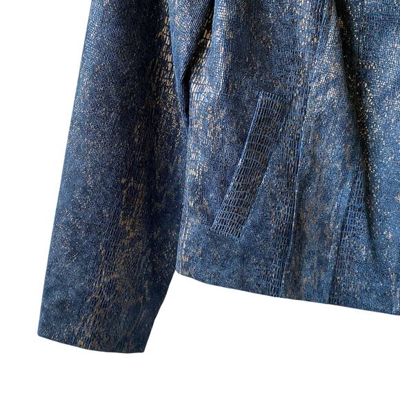 Linear Y2K Snakeskin Crop Jacket Women PM Metallic Blue Gray Edgy Crackled Glam - Picture 4 of 10